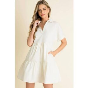 THML Womens Collared Short Sleeve Cream Dress Medium